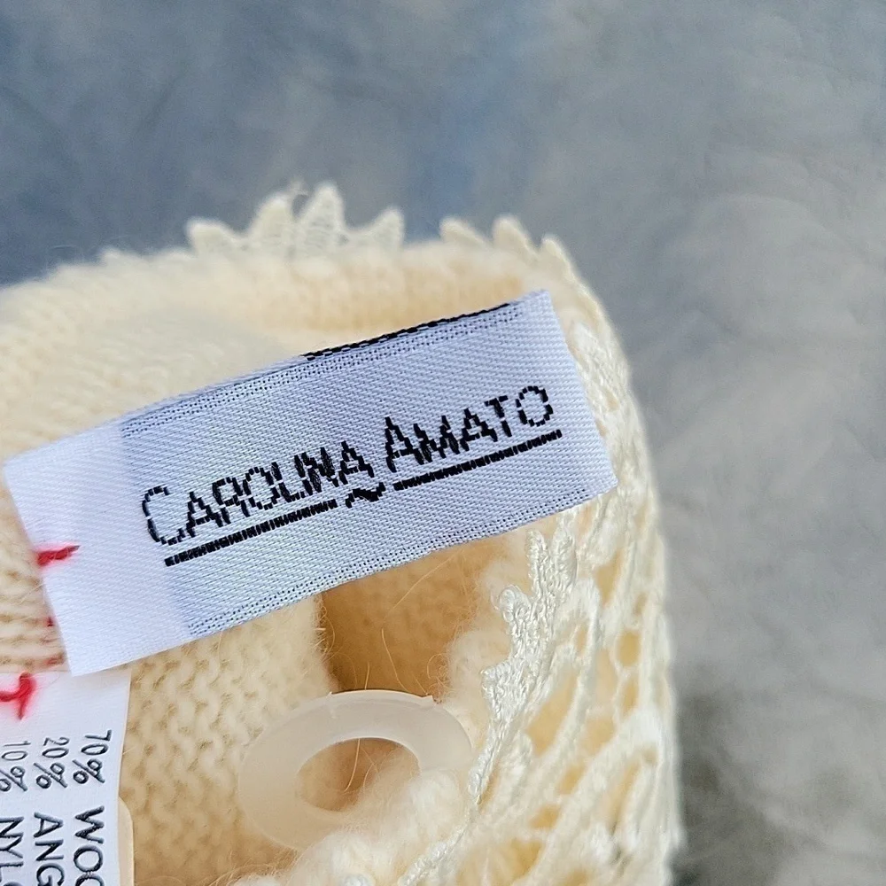Carolina Amato Wool Angora Rabbit Hair Ivory Knit Laced Gloves sz.8 New